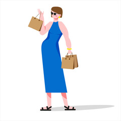 Woman shopper with packages in hands in flat style 