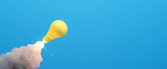 Foto op Plexiglas Ideas inspiration concepts of yellow light bulb blasting off like rocket on blue background.Business start up or goal to success.Creativity of human.3d render and illustration © Yingyaipumi
