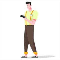 Salesman with cash register in hands in flat style