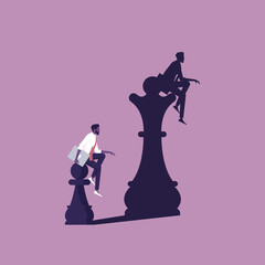 Successful and big dream concept, Chess pawn with queen shadow on wall. Conceptual - dreaming and confidence in one's strength - obrazy, fototapety, plakaty