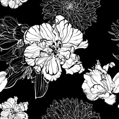 vector illustration seamless texture of a bouquet EXOTIC FLOWERS, vector graphic monochrome illustration, botanical sketch for postcard, clothes, wallpaper