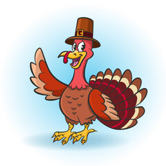 Thanksgiving cartoon turkey with pilgrim hat smiles and waves his wing. Vector illustration for thanksgiving day decoration isolated on white background. Cartoon drawing character for promotion