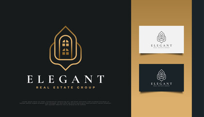 Elegant Gold Real Estate Logo Design with Line Style. Construction, Architecture or Building Logo Design