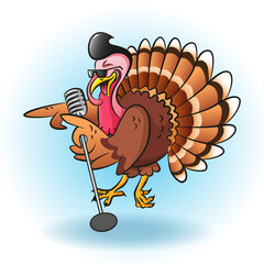 Singing cartoon turkey in sunglasses holding microphone. Vector illustration for thanksgiving day. Cartoon character for greeting card, poster, print - obrazy, fototapety, plakaty