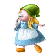 cute little gnome girl with chamomile hand drawn illustration, watercolor pencils clipart with cartoon character