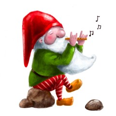 funny little gnome playing the pipe, hand drawn illustration, watercolor pencils clipart with cartoon character
