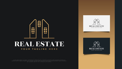 Luxury Gold Real Estate Logo Design with Line Style. Construction, Architecture or Building Logo Design