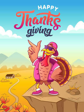 Happy thanksgiving. Greeting card. Cool cartoon turkey in sunglasses and cap dancing against the autumn background. Vector illustration for thanksgiving party poster