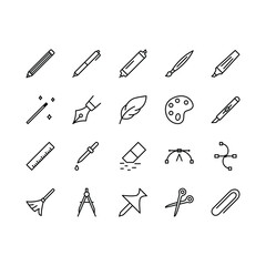 Graphics design tools flat line icons set. Pen, pencil, paintbrush, scissor, eraser. Simple flat vector illustration web site or mobile app