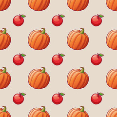 Vegetables and fruits. Apple and pumpkin. Seamless pattern for textile print. Harvest. Bright illustrations of ripe pumpkin and apple. Holiday Wrapping Paper