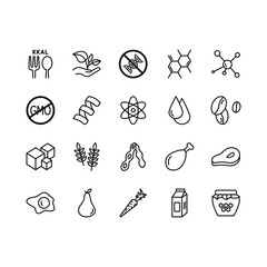 Healthy eating flat line icons set. Diet food - vegetables, fruits, cereals, dairy products. Simple flat vector illustration for store, web site or mobile app