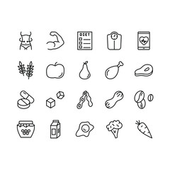 Healthy eating flat line icons set. Diet food - vegetables, fruits, cereals, dairy products. Simple flat vector illustration for store, web site or mobile app