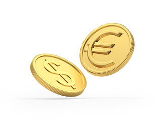 Gold coins dollar and euro on a white background. 3D illustration 