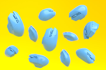 Flying blue gamer mouse on yellow background with blur