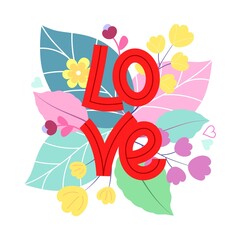 Love lettering text with floral background. Vector Illustration