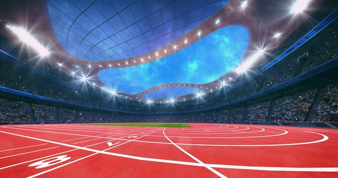 Athletic sport stadium full of fans and view over the finish line. Professional sport 4k video for advertisement background.