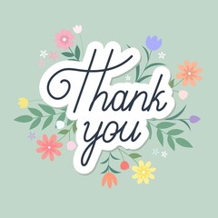 Obraz premium Thank you lettering text with flower background. Vector Illustration