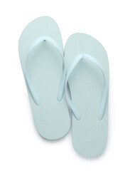 Stylish light blue flip flops on white background, top view. Beach object