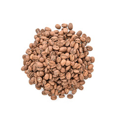 Handful of roasted coffee beans isolated on white background.