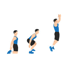 Obraz na płótnie Canvas Man doing Floor. Power jumps. Knee to jump squats exercise. Flat vector illustration isolated on white background