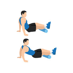 Man doing Foam roller calf. Calves stretch exercise. Flat vector illustration isolated on white background