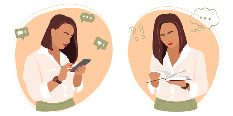 Vector illustration for social networks. Flat image with a girl. Instagram. The girl works smm. Sticker 