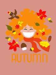 the poster. girl-autumn. vector. bright print with autumn leaves and lettering.