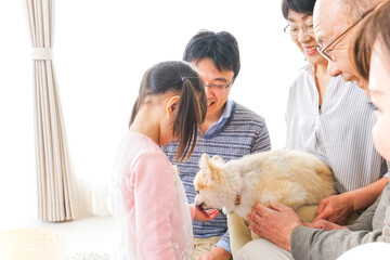 犬の世話をする3世代家族