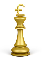 Golden Chess pieces king with Pound Symbol head isolated on white background. 3d Illustration.