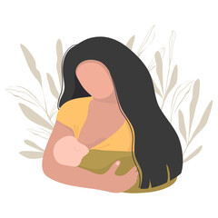 The woman is holding and breastfeeding the newborn baby. Mother feeding a baby. World breastfeeding week banner. Vector illustration. Breastfeeding illustration in cartoon style.