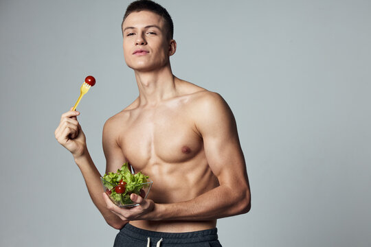 Sports Guy Eating Healthy Food Vegetable Salad Isolated Background