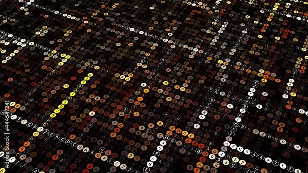 Poster randomly changing symbols inside blinking circles on black background. animation. technological wavy