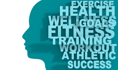 Silhouette of a male head and fitness theme tags cloud.