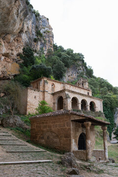 Ancient church of Santa Maria de la Hoz sorrounded by nature at Tobas, near Frias, Merindades, Burgos, Spain, Europe