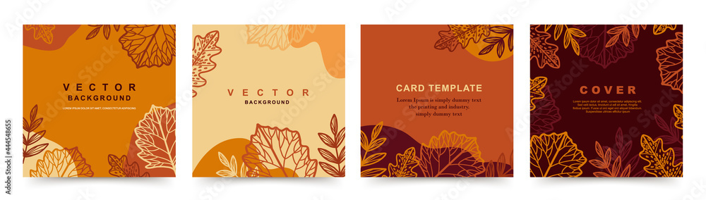 Sticker autumn square templates with fall leaves and geometric shapes. editable vector backgrounds for socia
