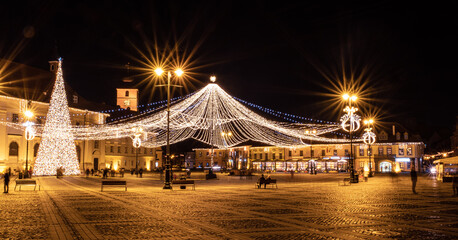 view of the Big Square from Sibiu city with Christmas lights