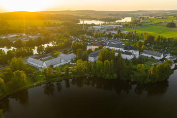 Aerial view of Pilgrimage Church of Saint John of Nepomuk on the Green Hill at sunset.