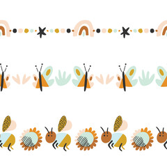 Cute Abstract Organic Nature Elements Vector Seamless Horizontal Borders Set