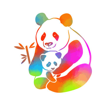 The panda family. Mom and baby multicolored panda. Vector illustration