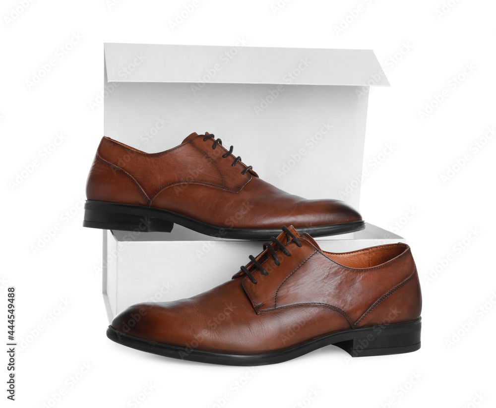 Wall mural pair of stylish leather shoes and box on white background