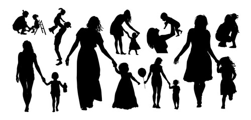 Happy Mother's Day. Set of silhouettes of mom with baby. Vector illustration