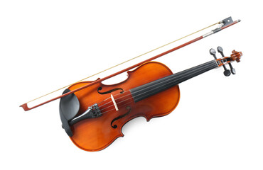 Beautiful violin with bow on white background, top view. Classic musical instrument - obrazy, fototapety, plakaty