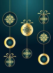 Set of rich golden christmas balls with ethnic slavic ornament illustration. Deep blue background design.