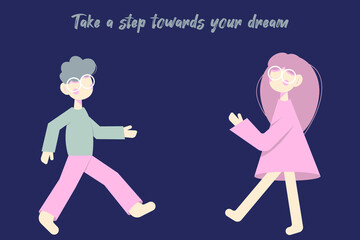 Cartoon girl and boy in pastel colors on a dark background in motion, the inscription 