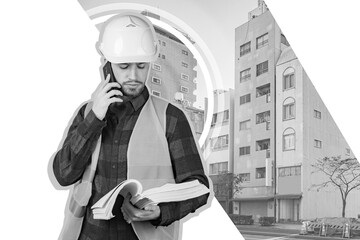 Black and white collage on the theme of construction and urban improvement. Man in a construction helmet near the residential buildings. Builder discusses the details of the project by phone
