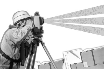 Professional surveyor engineer with a theodolite. Surveyor at work. Man uses Isometric geodetic measuring equipment on a tripod.  Construction Measuring Tool. Black and white collage in magazine style - obrazy, fototapety, plakaty