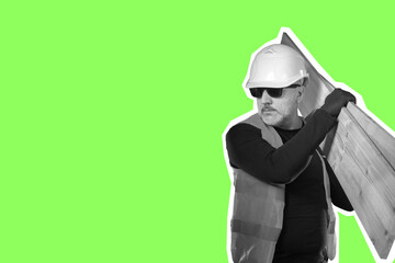 Carpenter with boards on a green background. A construction collage with space for text. Woodworking, construction, furniture manufacturing. A man in a construction helmet with planks on his shoulder.