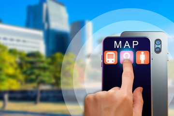 Maps in smartphone. Navigation using the mobile app. GPS navigation map. Building the optimal route. Application for a smartphone map and red dot on the screen. Search for object on the map. 3d image