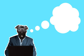 Dog man collage. Contemporary art collage with a teacher, coach, or student. A man in a business suit with a dog head. Portrait of a teacher using a laptop. Dialog box bubble on blue background.