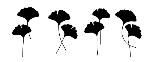 Leaf Collection. Tropical Leaves. Exotic Shape. Water lily. Set of Branches, Herbs and Flowers Flat. Black and White Plants. Vector Silhouette. Garden Leaves. Nenuphar Stem. - obrazy, fototapety, plakaty